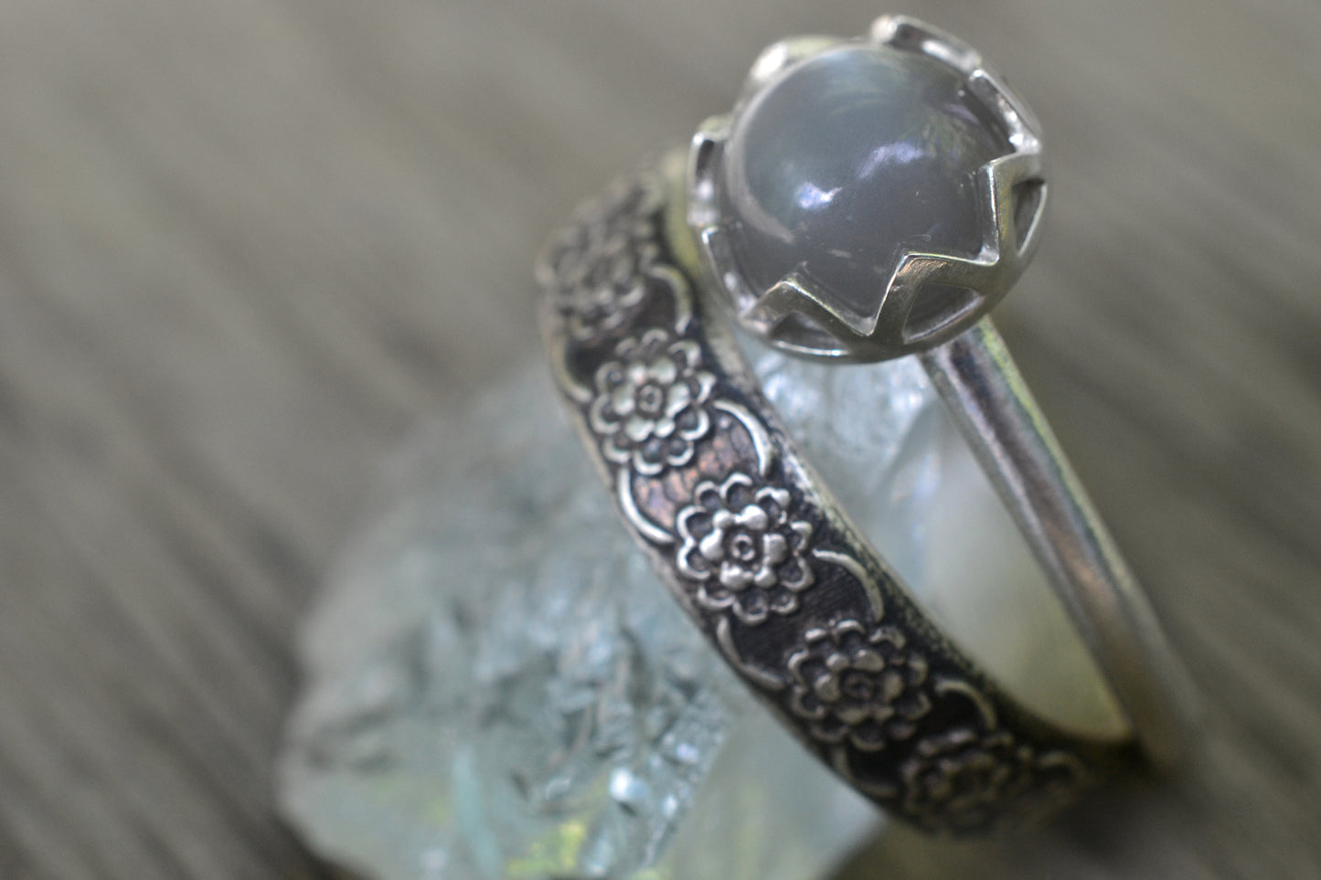 Grey Moonstone Bezel Ring & Wedding Band