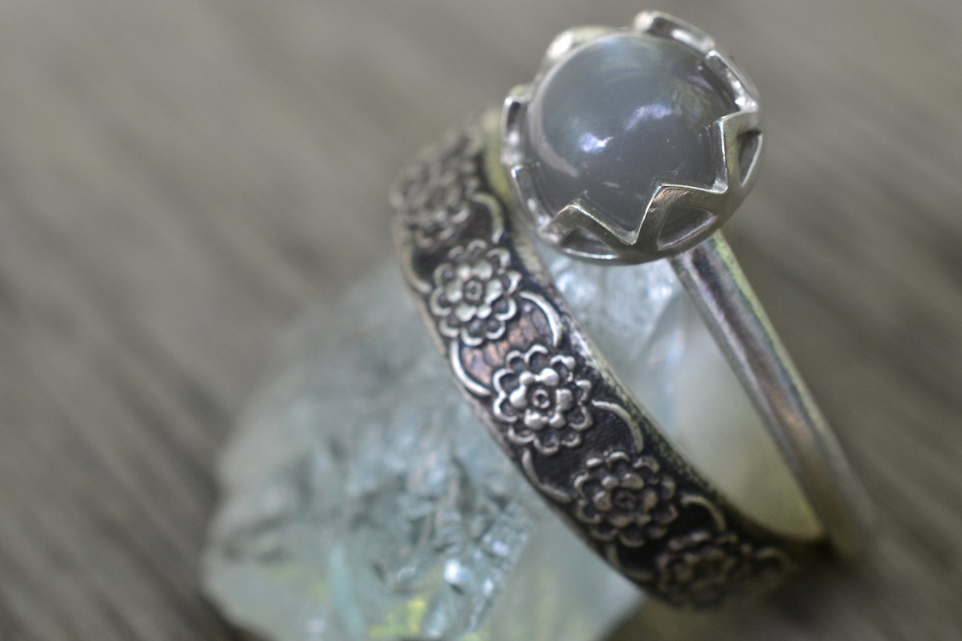 Grey Moonstone Bezel Ring & Wedding Band