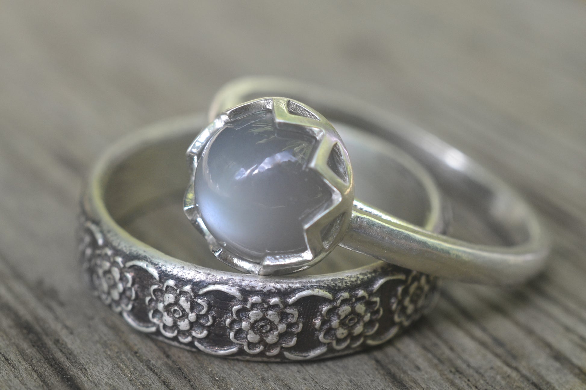 Grey Moonstone Bridal Wedding Band Set in Silver