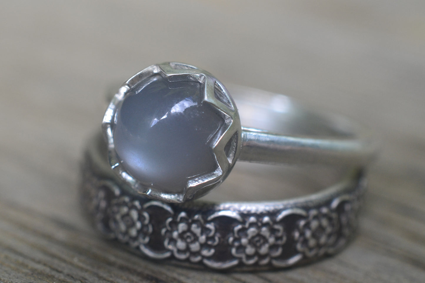 Silver Flower Wedding Set With Grey Moonstone