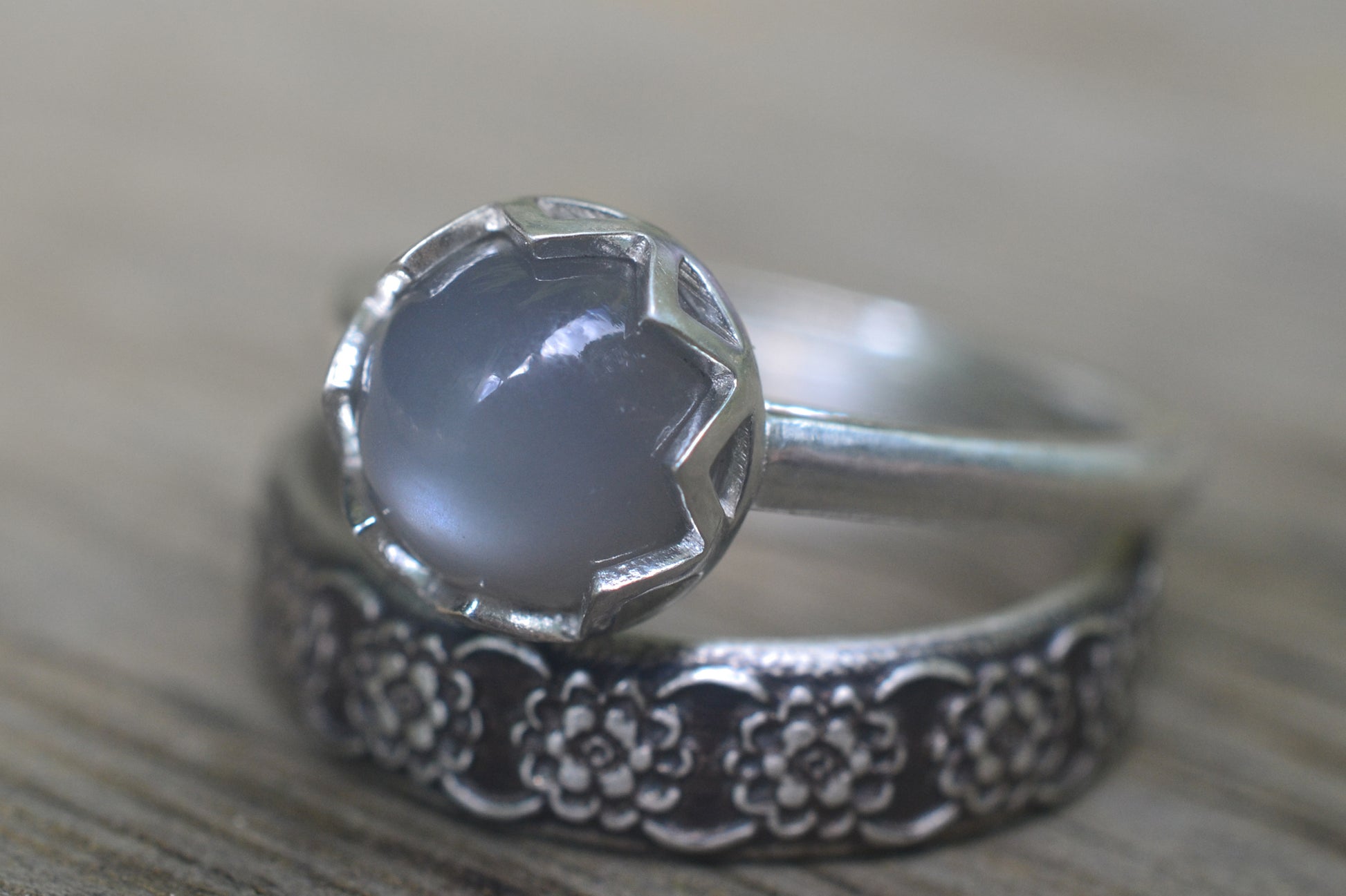 Silver Flower Wedding Set With Grey Moonstone