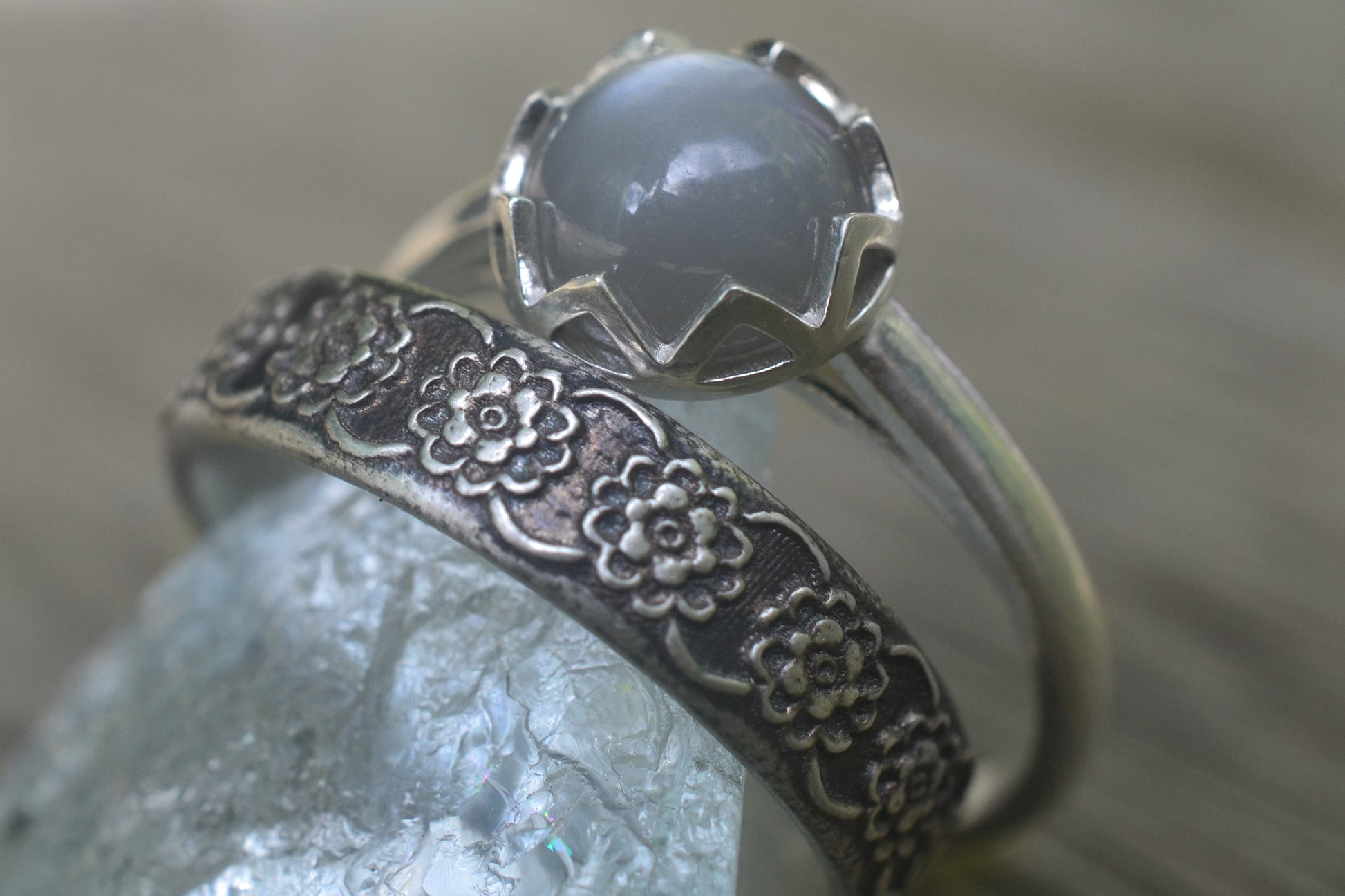 Oxidised Silver Flower Wedding Set With Moonstone