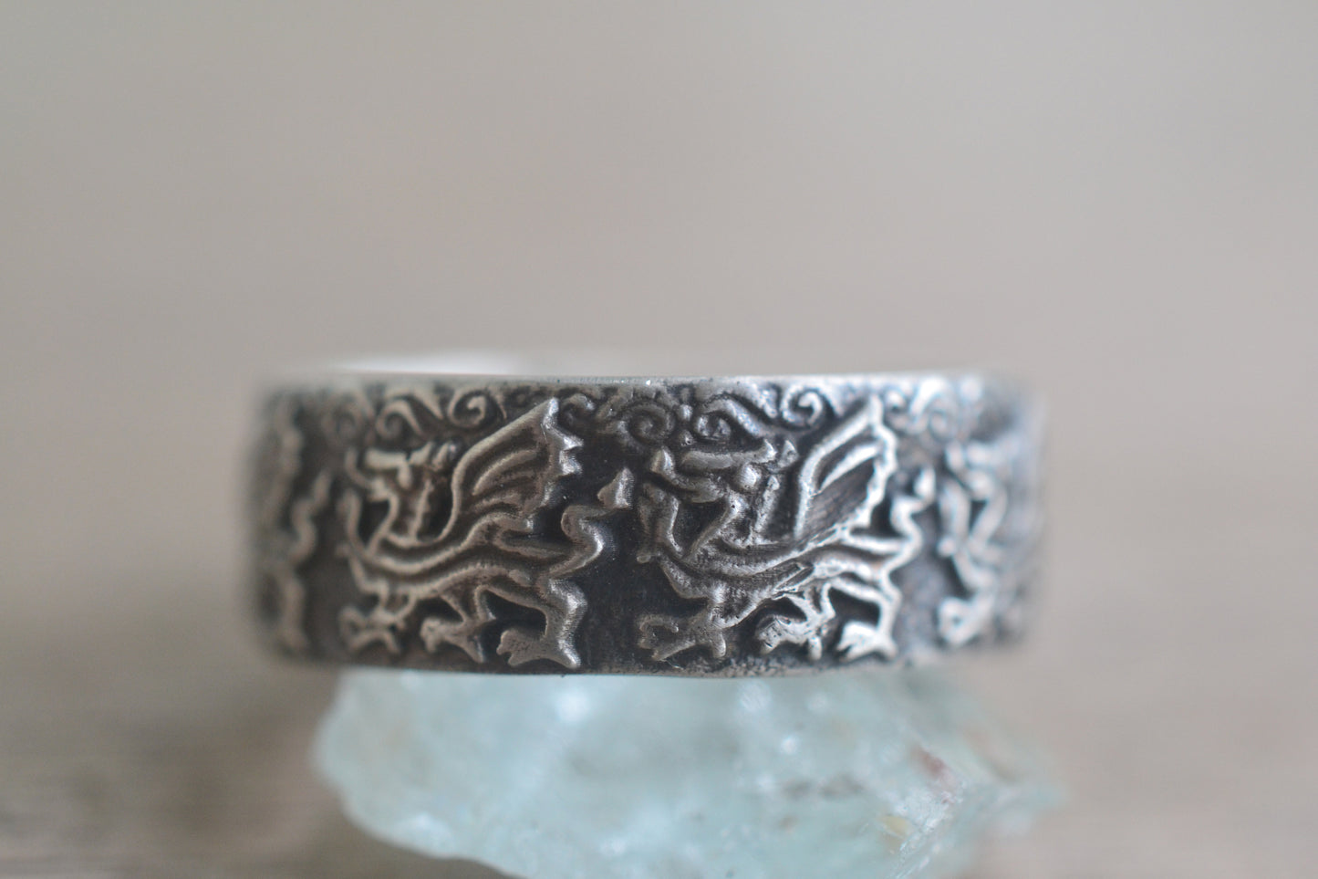 Oxidised Silver Heraldic Dragon Wedding Band