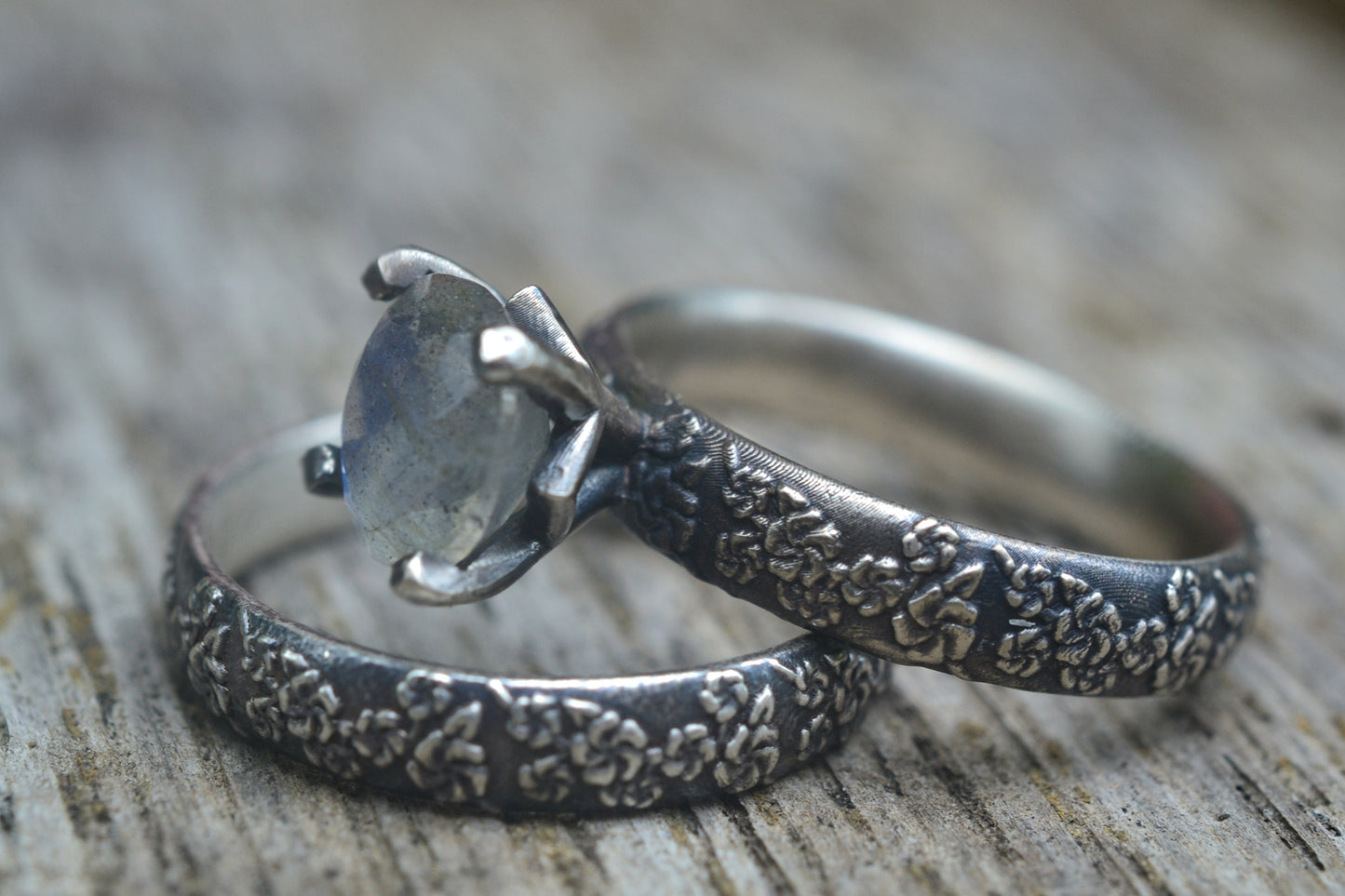 oxidised silver floral bridal set with labradorite