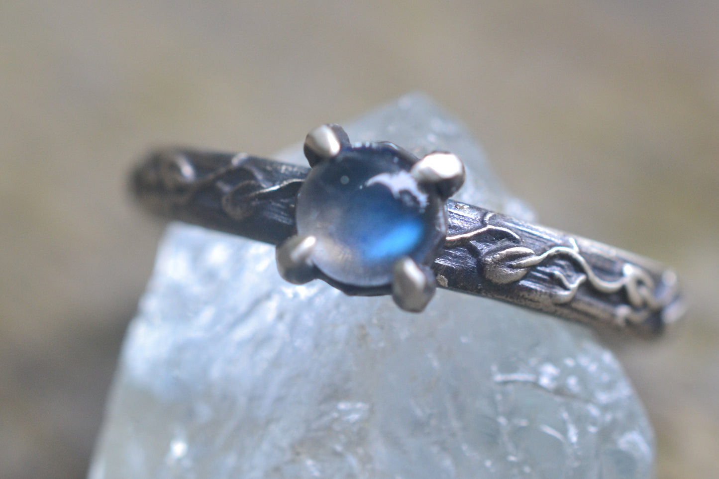 Leaf engagement ring with natural labradorite