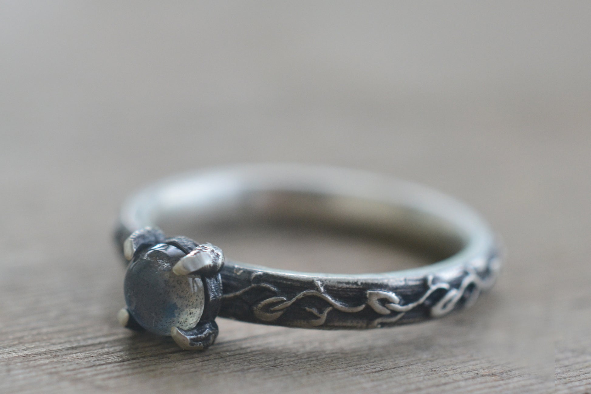 natural labradorite ring in oxidised silver
