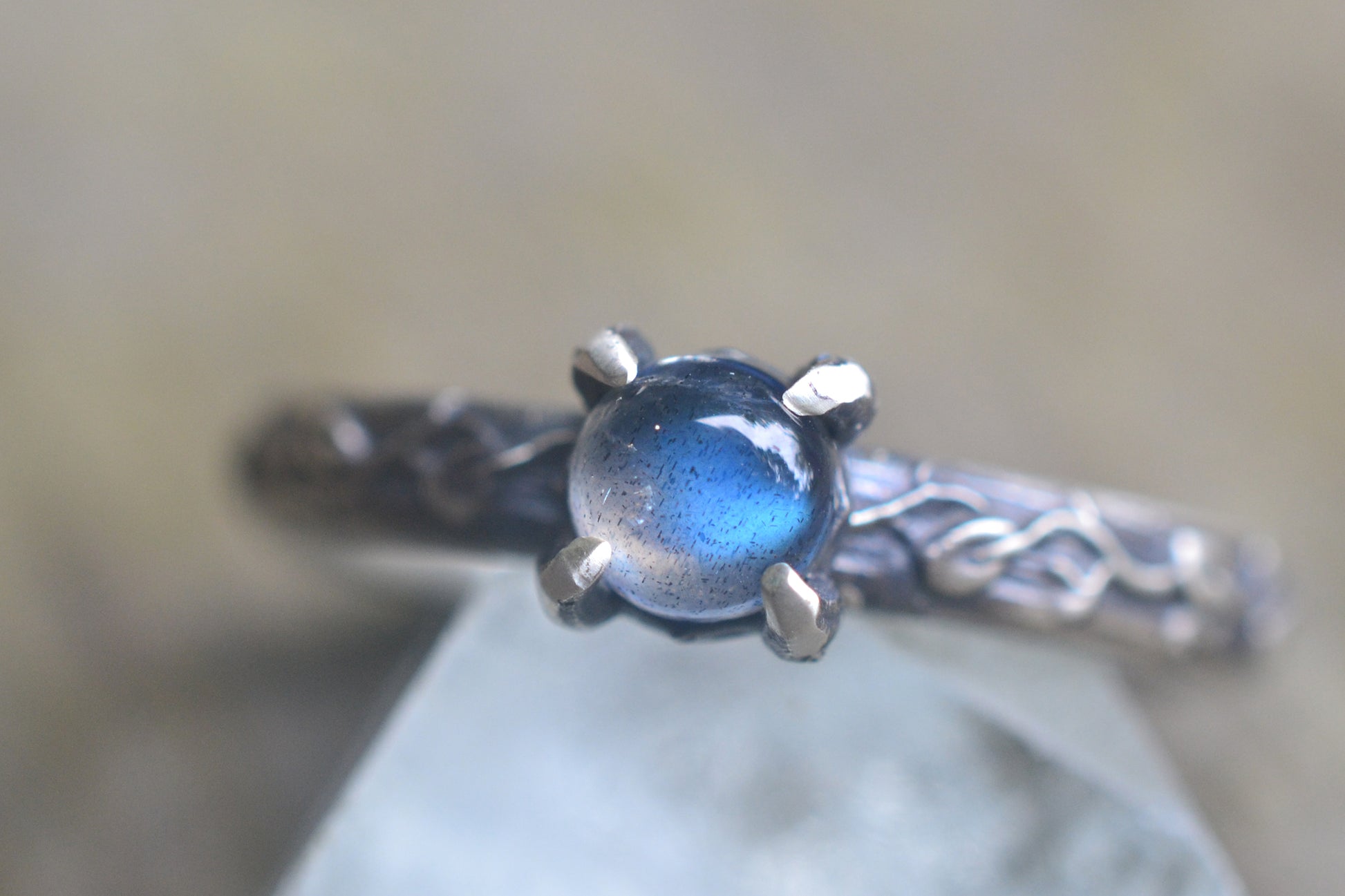 gothic labradorite engagement ring with leaves