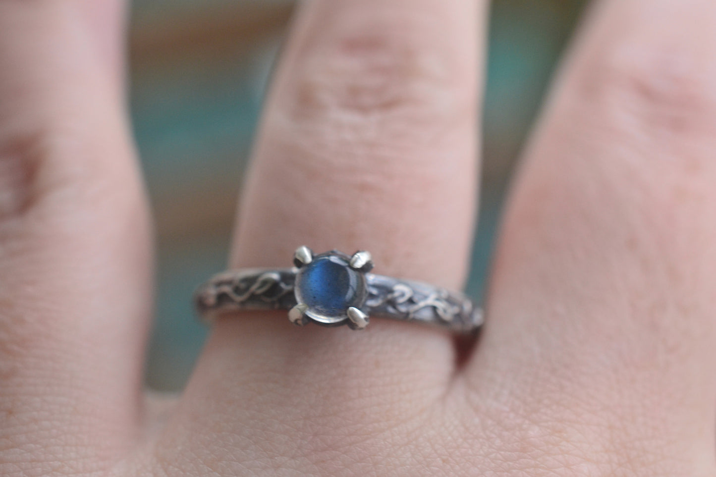 labradorite & leaf engagement ring in silver