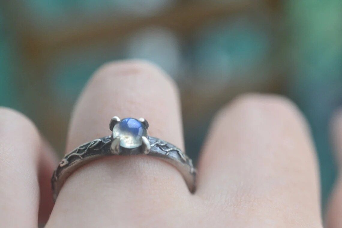 labradorite and leaf pattern engagement ring