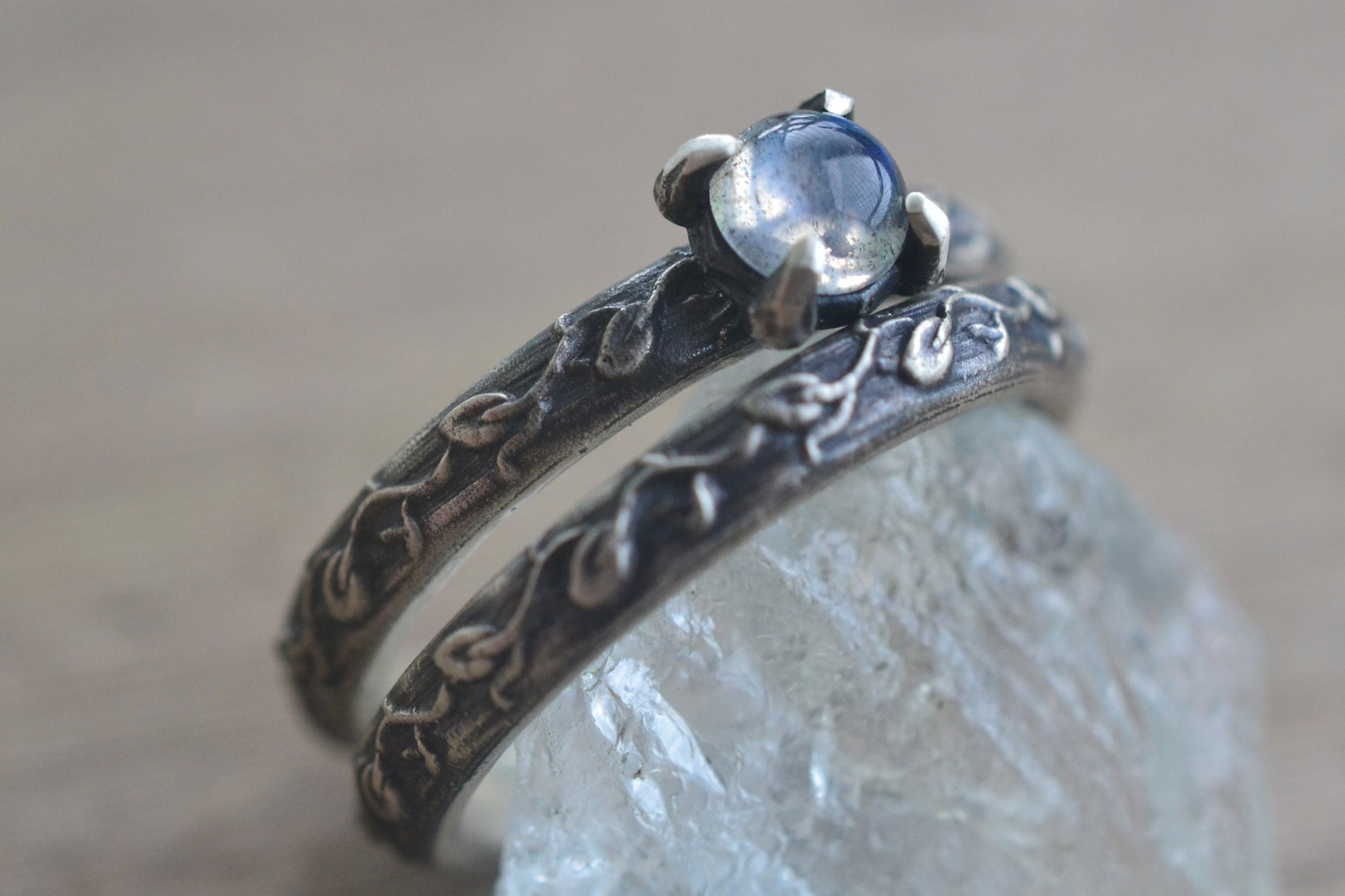 oxidised silver labradorite wedding set with leaves