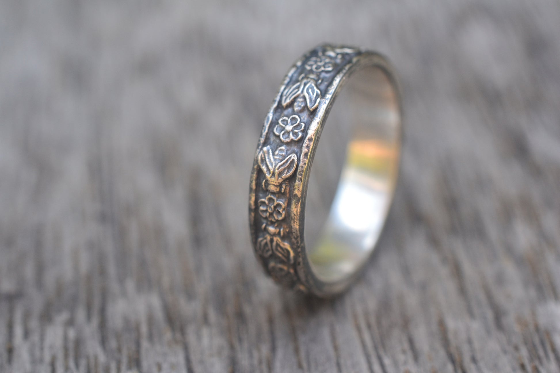 Oxidised Silver Rose & Honeybee Wedding Ring