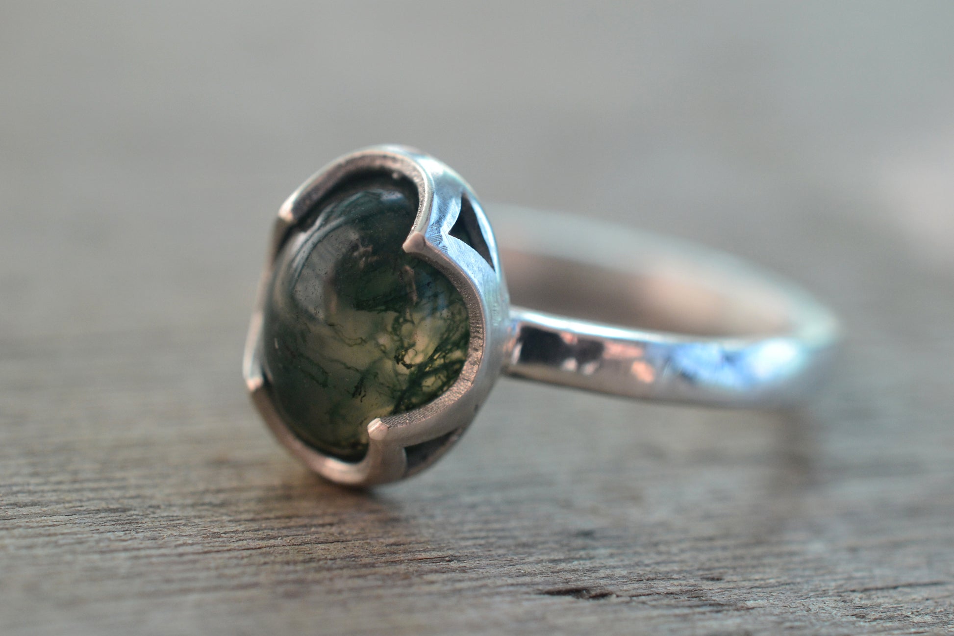 Natural Moss Agate Crystal Ring in 925 Silver
