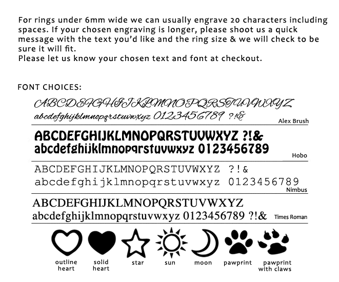 Fonts for Personalised Rose & Bee Ring