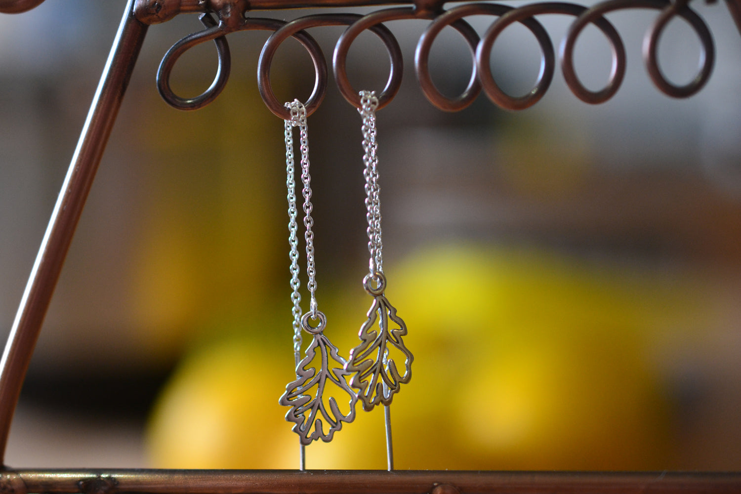 Sterling Silver Oak Leaf & Cable Chain Threader Earrings