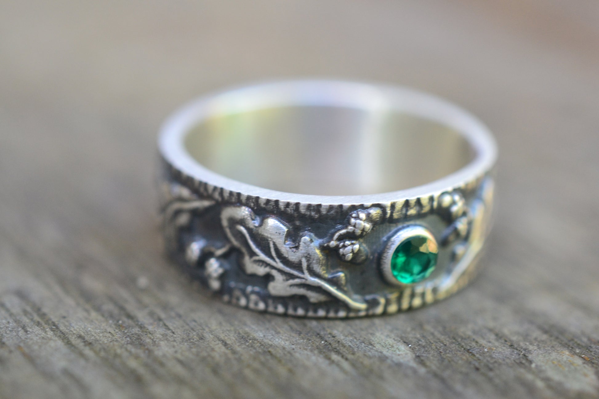 Nature Inspired Oak Leaf & Acorn Wedding Band With Emerald