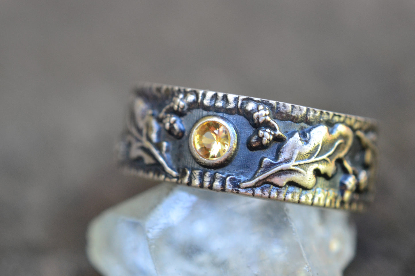 Pagan Wedding Band With Oak Leaf Acorn Pattern & Yellow Sapphire