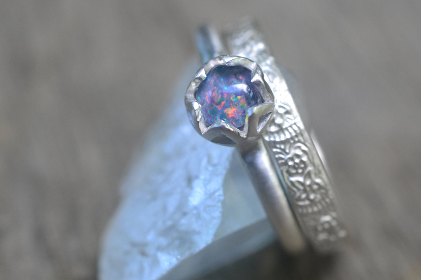 Opal Flower Stacking Band Set in Sterling