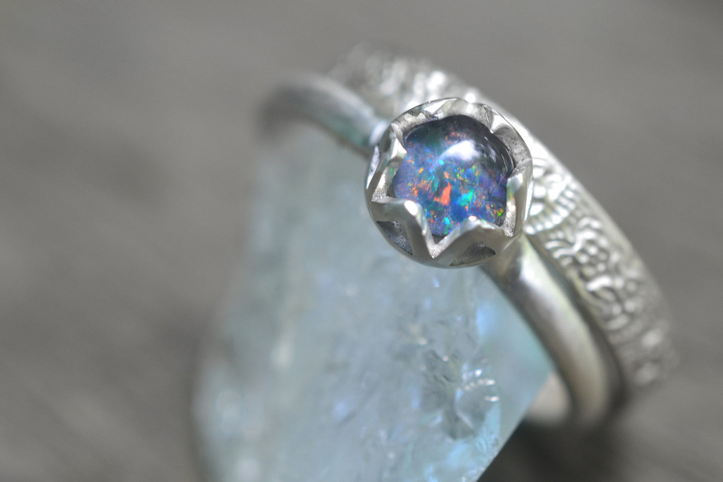 Violet Opal Stack Ring Set With Flower Pattern