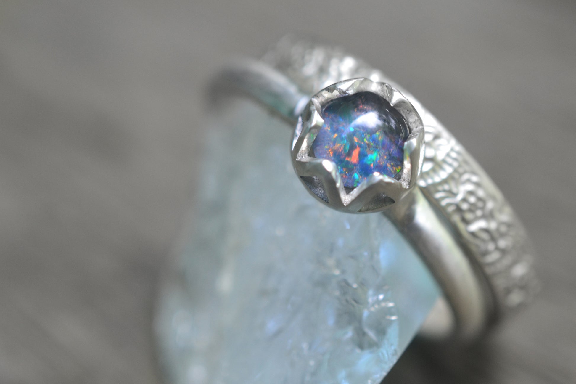 Violet Opal Stack Ring Set With Flower Pattern