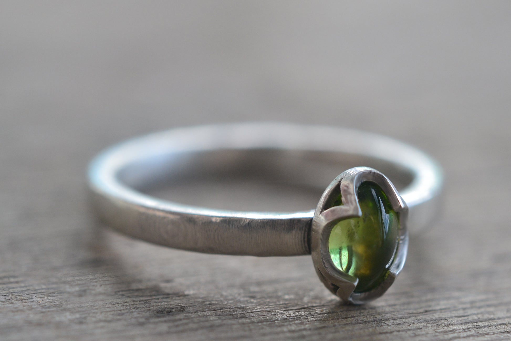 Oval Peridot Crystal Cabochon Ring in Silver