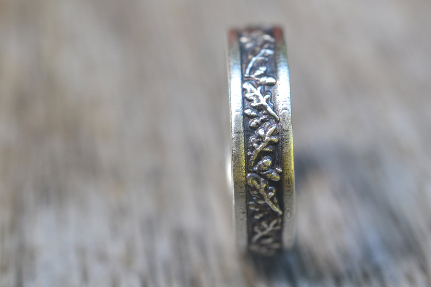 rustic oxidised 925 silver oak leaf wedding band