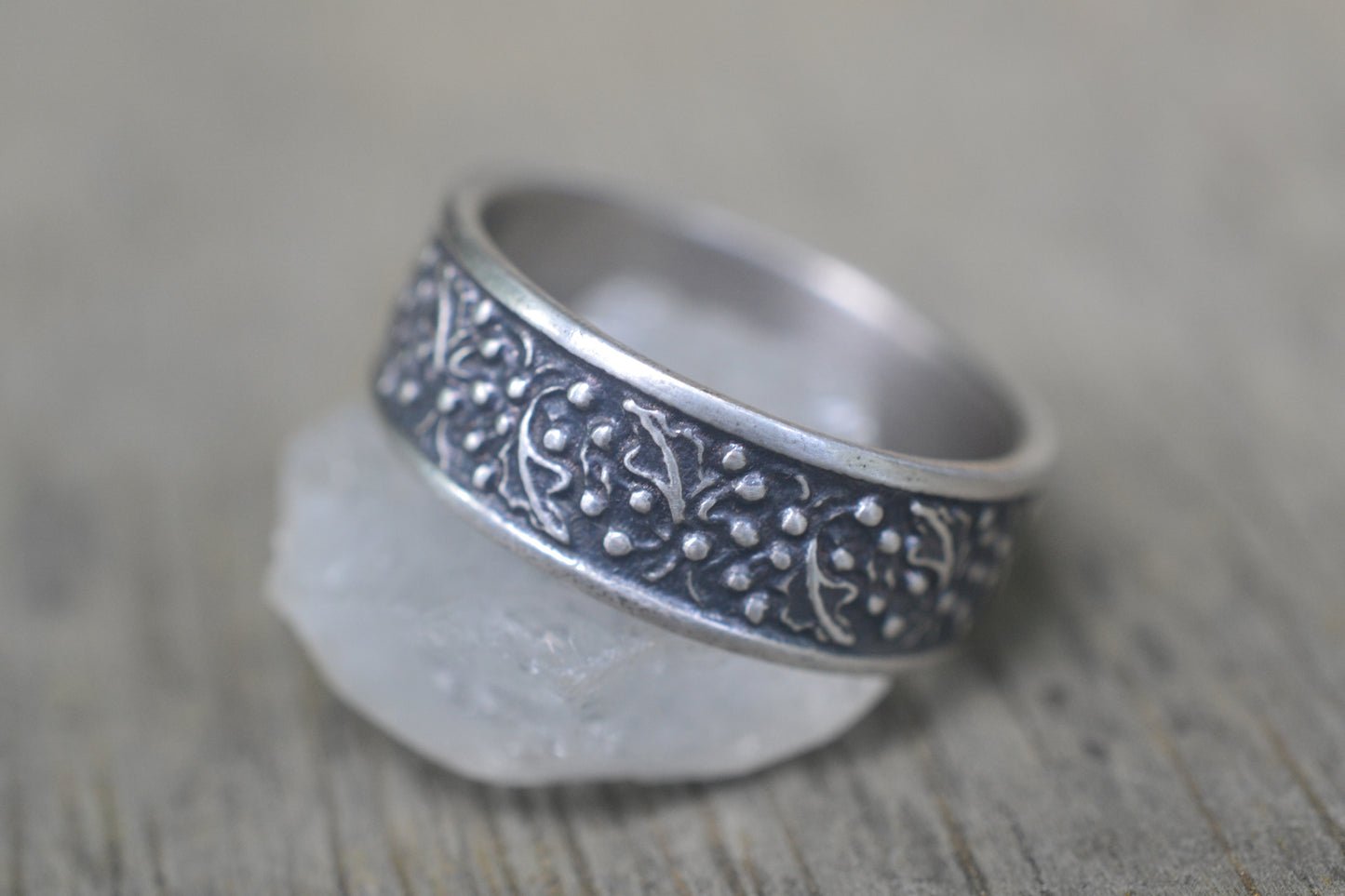 Wide Silver Wedding Band With Berry Pattern