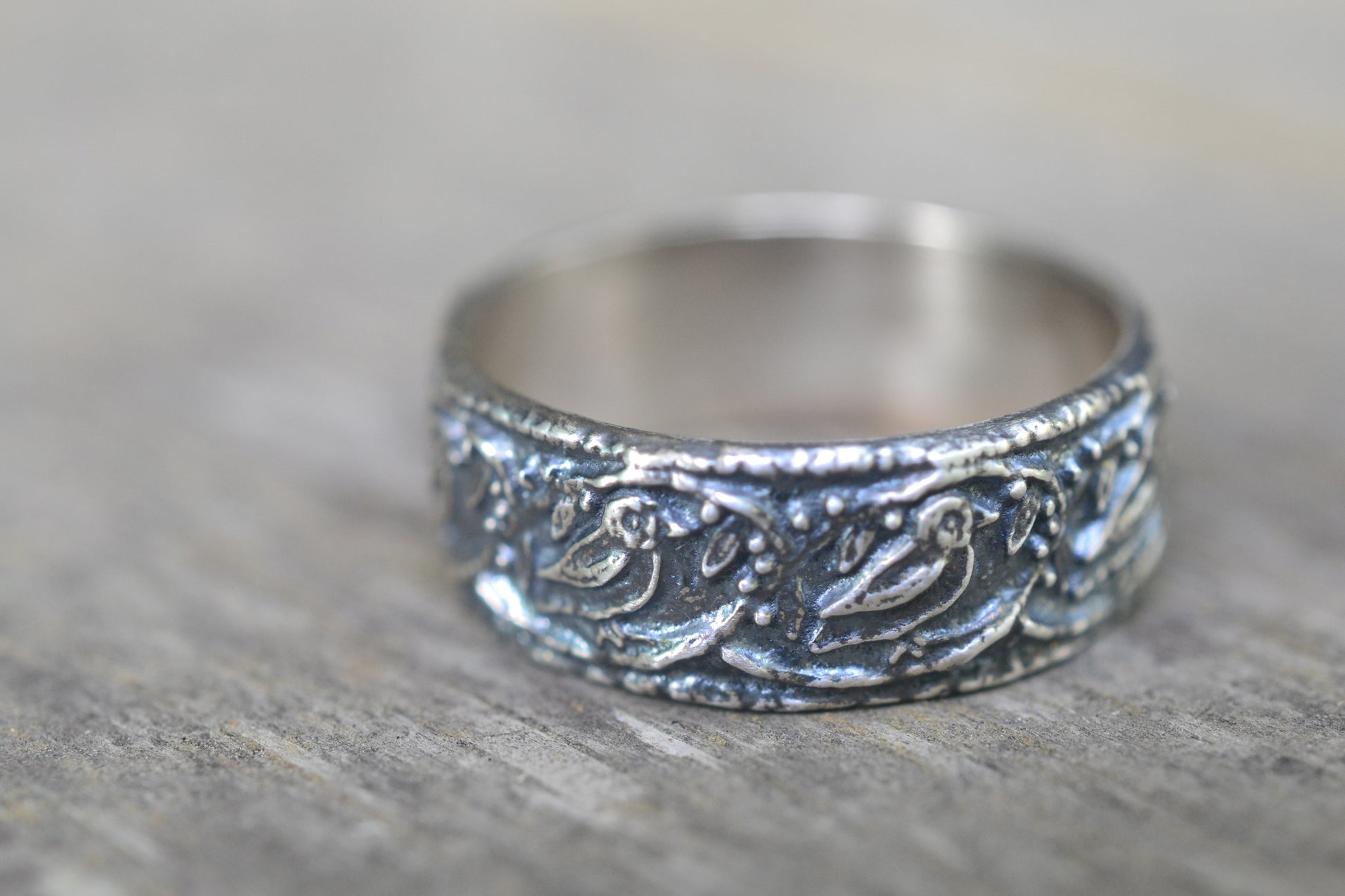 Oxidised Sterling Silver Bird Wedding Band