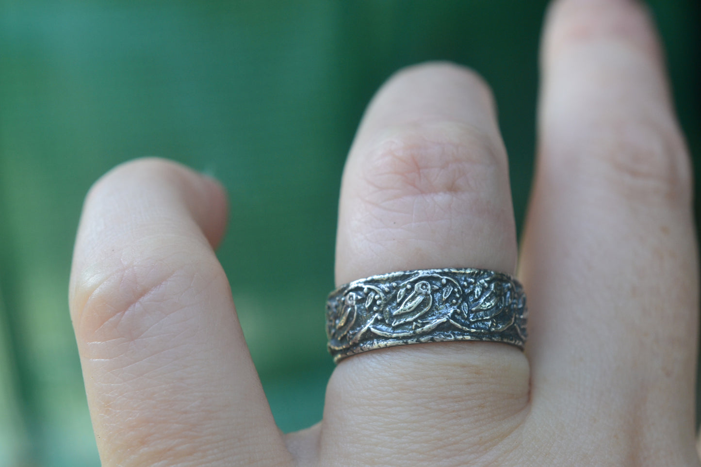 Oxidised Silver Wedding Band With Birds