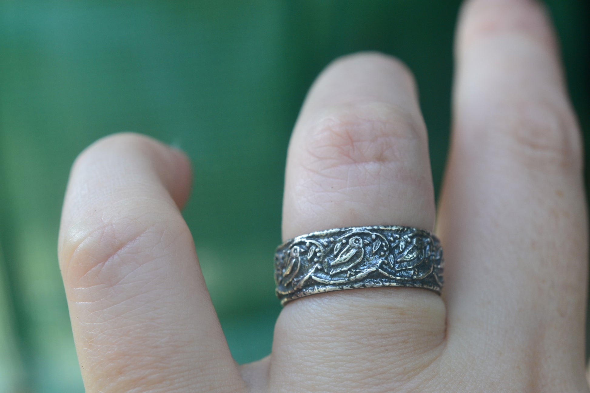 Oxidised Silver Wedding Band With Birds