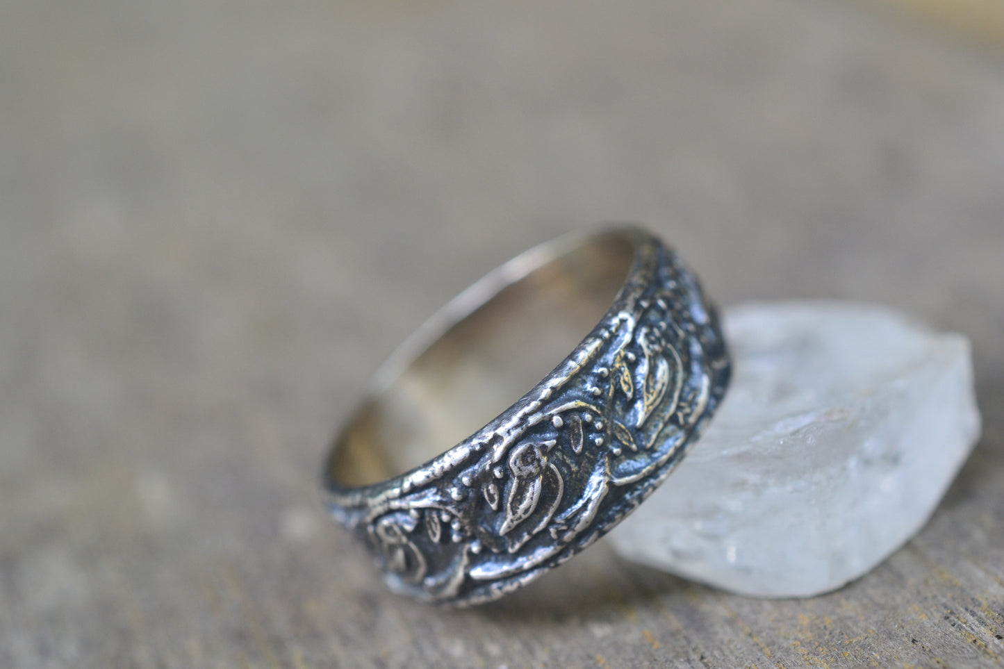 Wide Silver Wedding Band With Bird Design