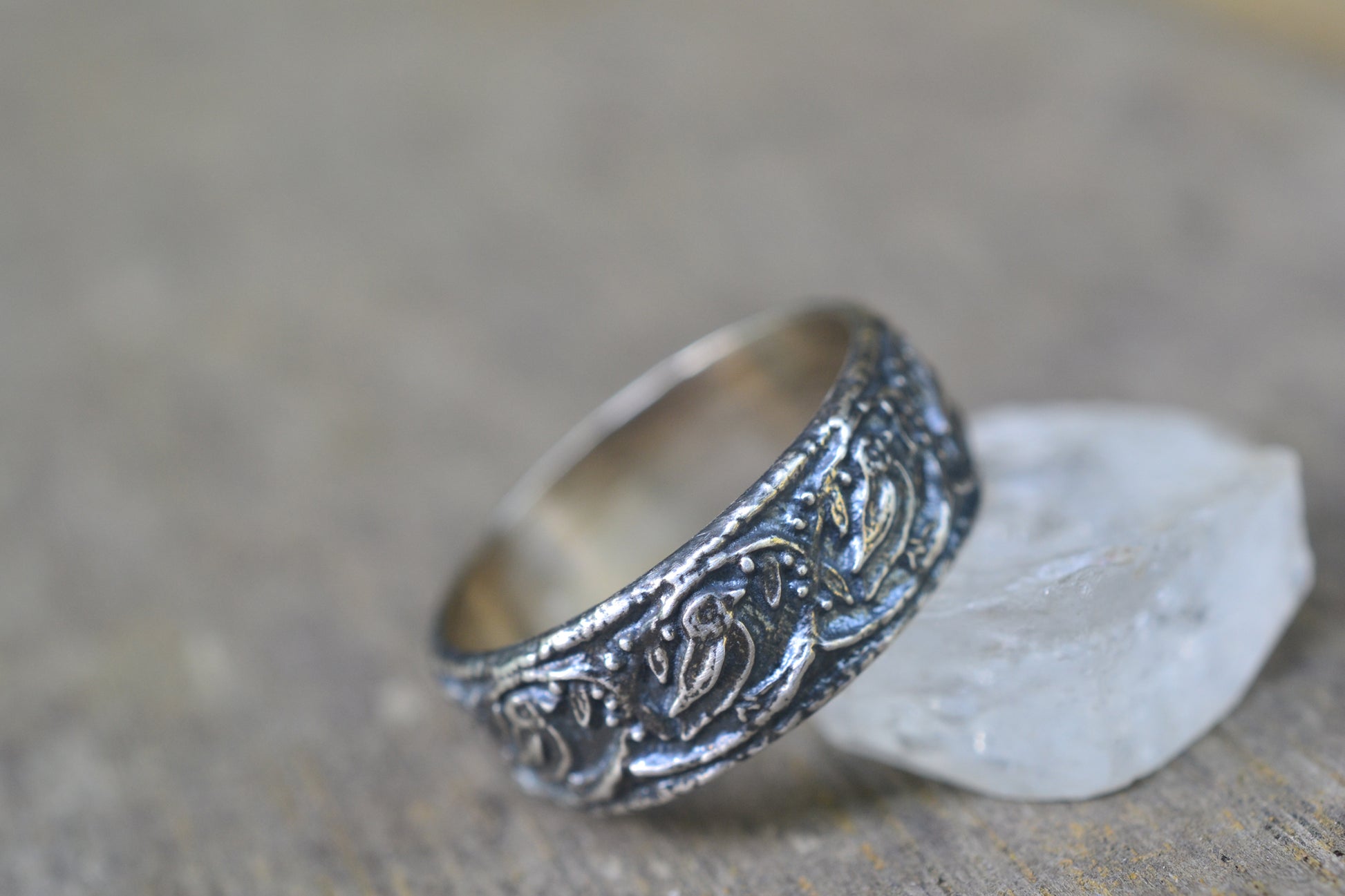 Wide Silver Wedding Band With Bird Design