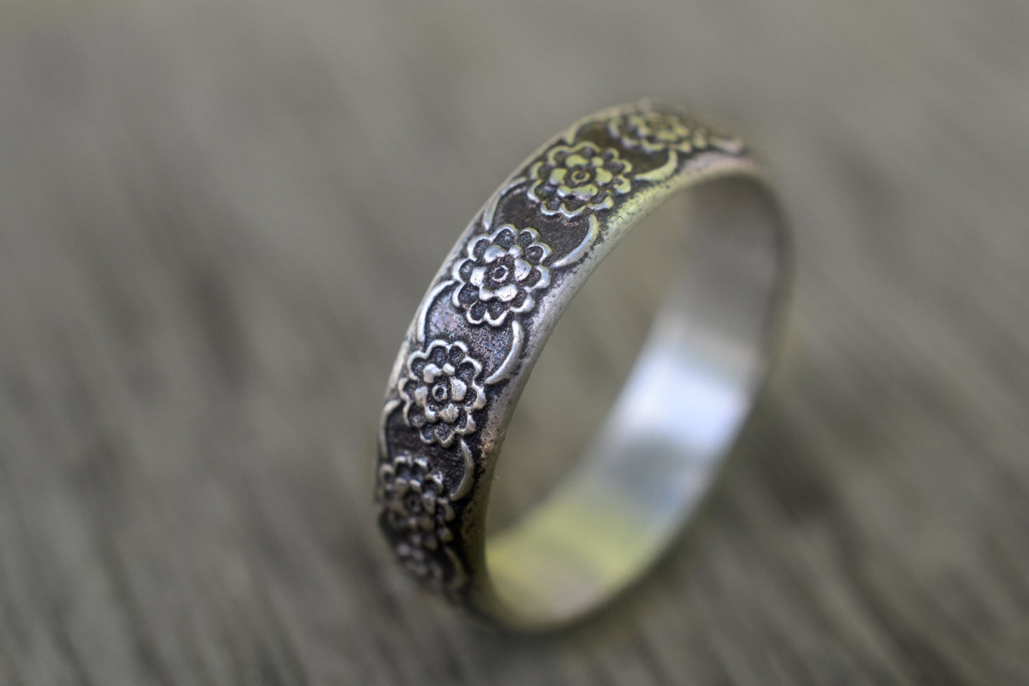Mens Oxidised Silver Wild Flower Wedding Ring