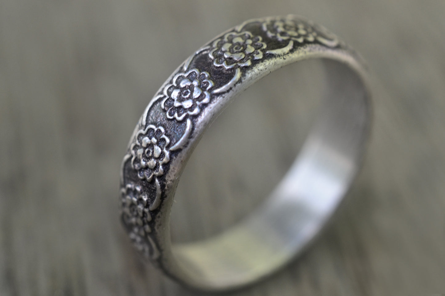 Oxidised Silver Chrysanthemum Wedding Band