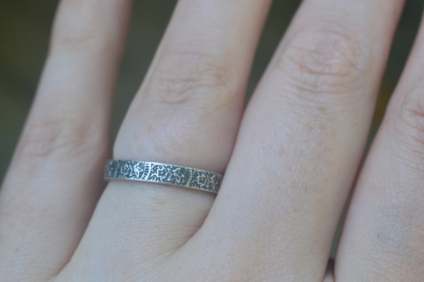 Oxidised Silver Ring With Floral Pattern