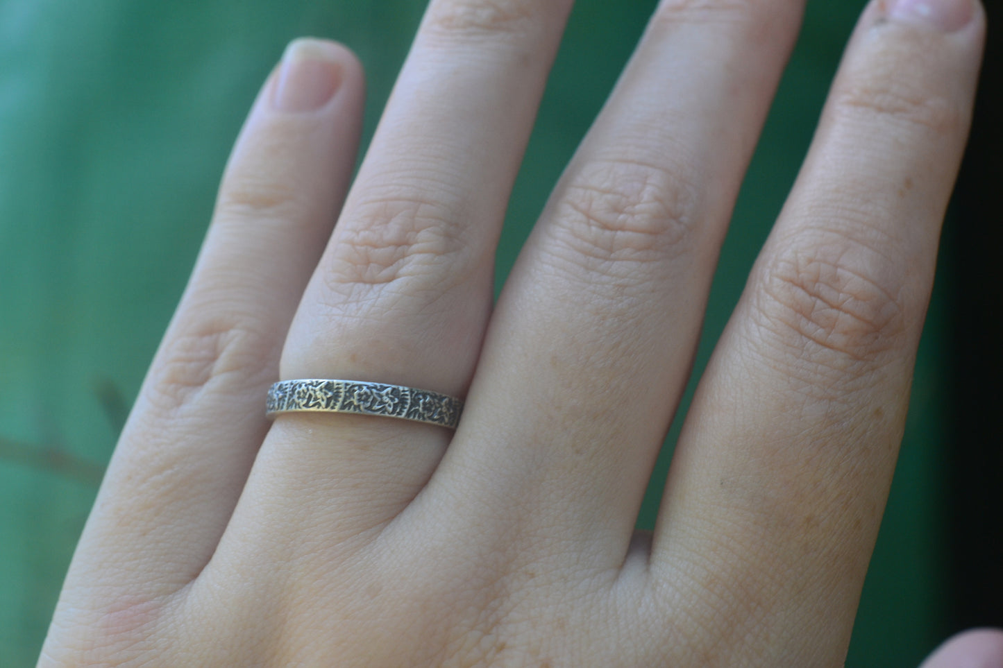 Oxidised Silver Country Flowers Wedding Ring