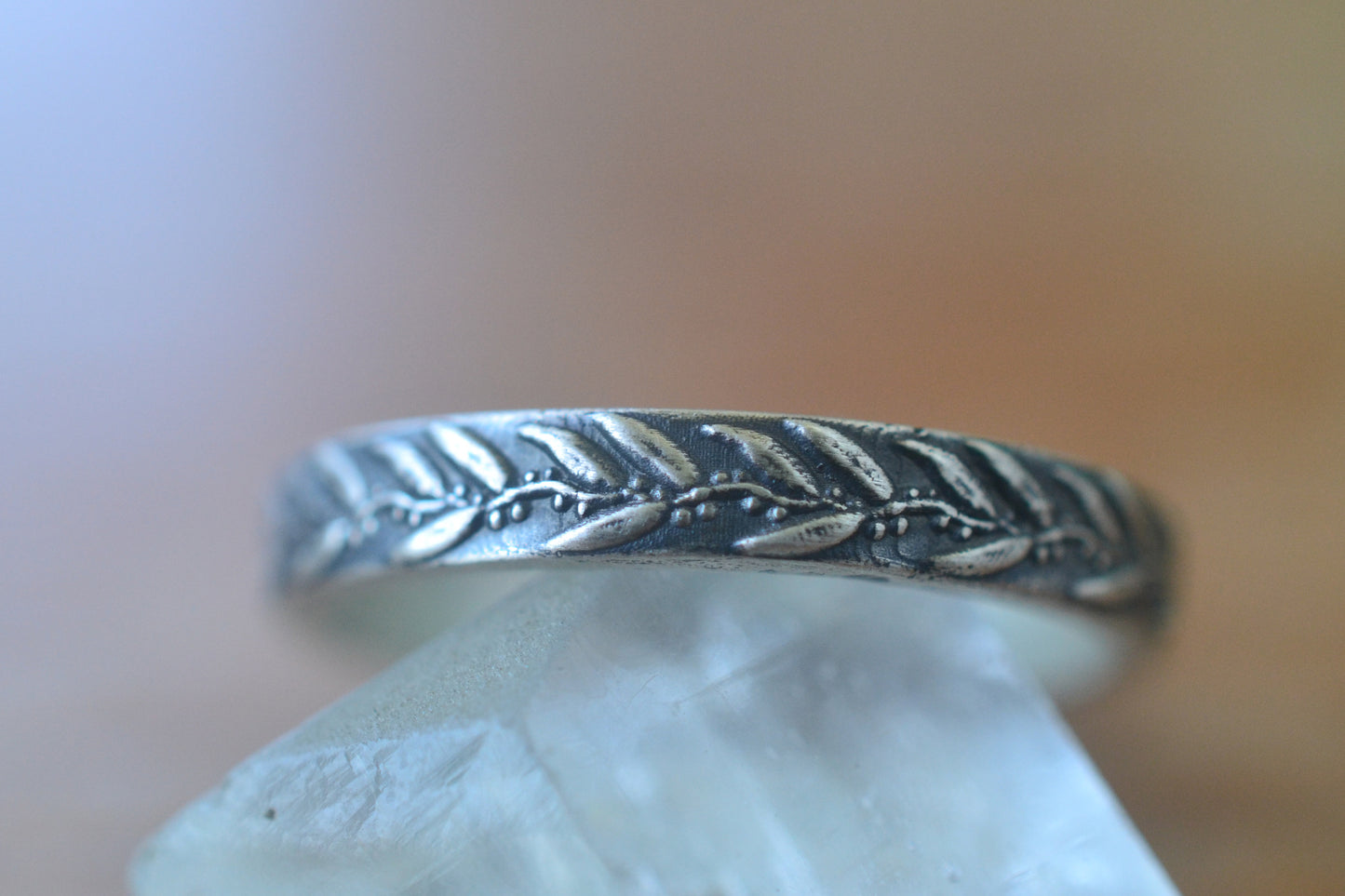 Oxidised Silver Eucalyptus Leaf Wedding Band
