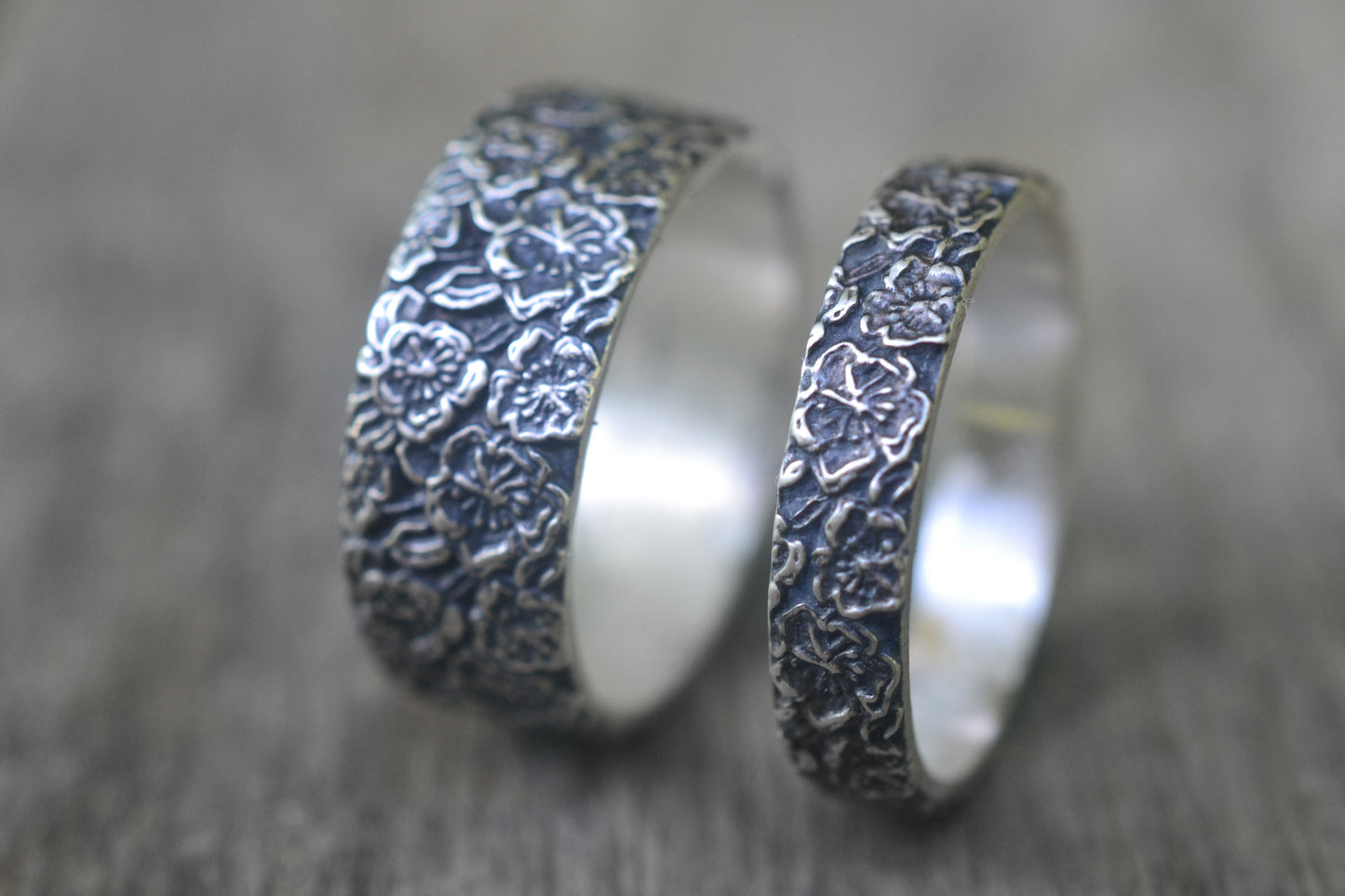 Peach Blossom Wedding Band Set in Silver