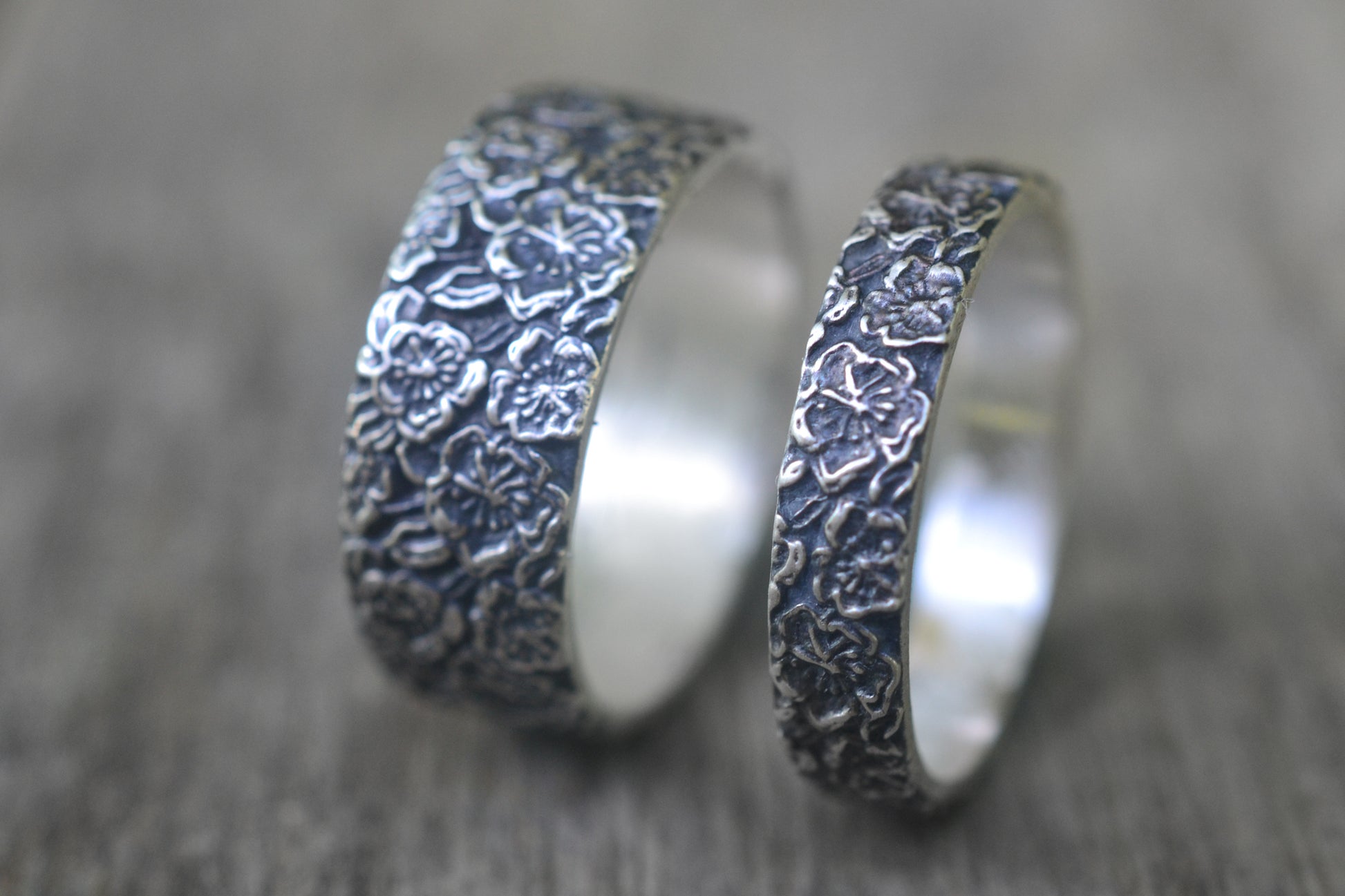 Peach Blossom Wedding Band Set in Silver