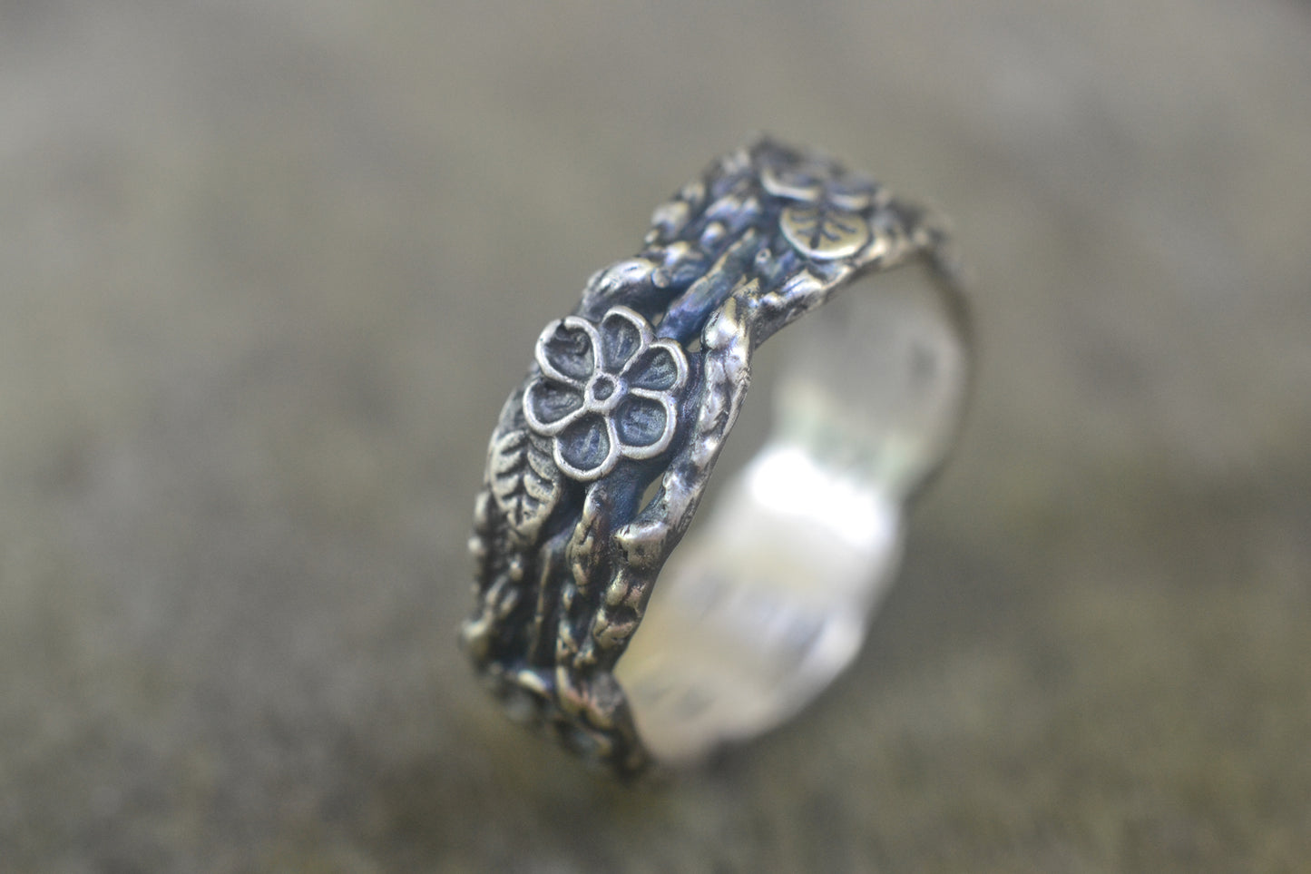 Unique Silver Twig Band With Flowers