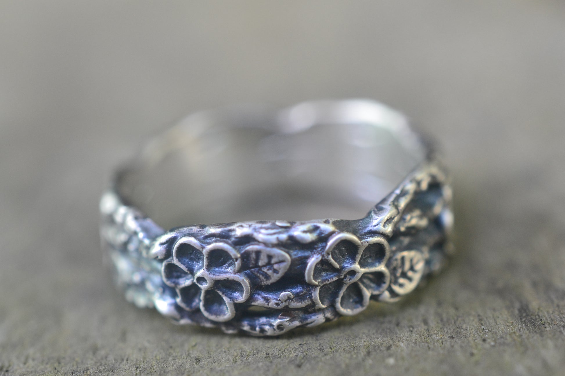 Unique Oxidised Silver Wild Rose Leaf Band