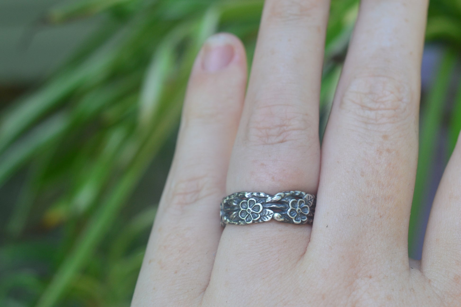 Oxidised Silver Branch & Rose Ring