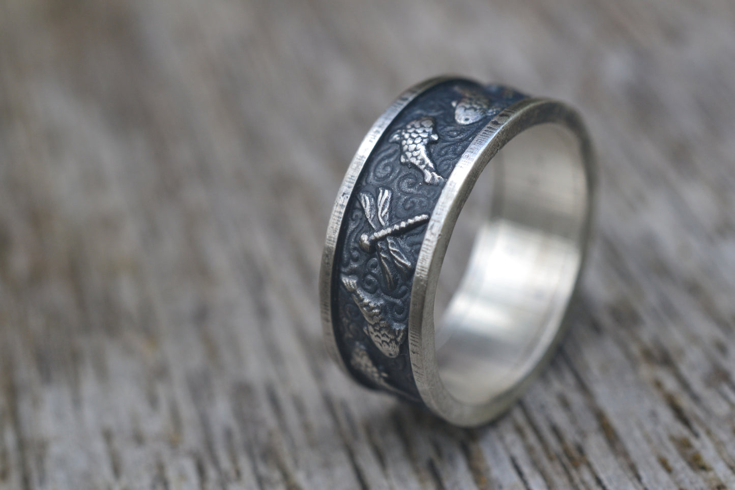 Oxidised Silver Dragonfly & Koi Wedding Ring