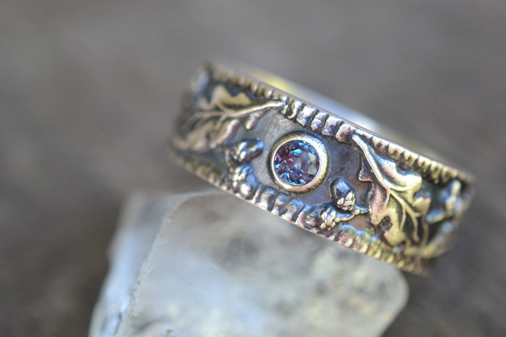 Personalised Oak Leaf & Acorn Wedding Band With 3mm Lab Alexandrite