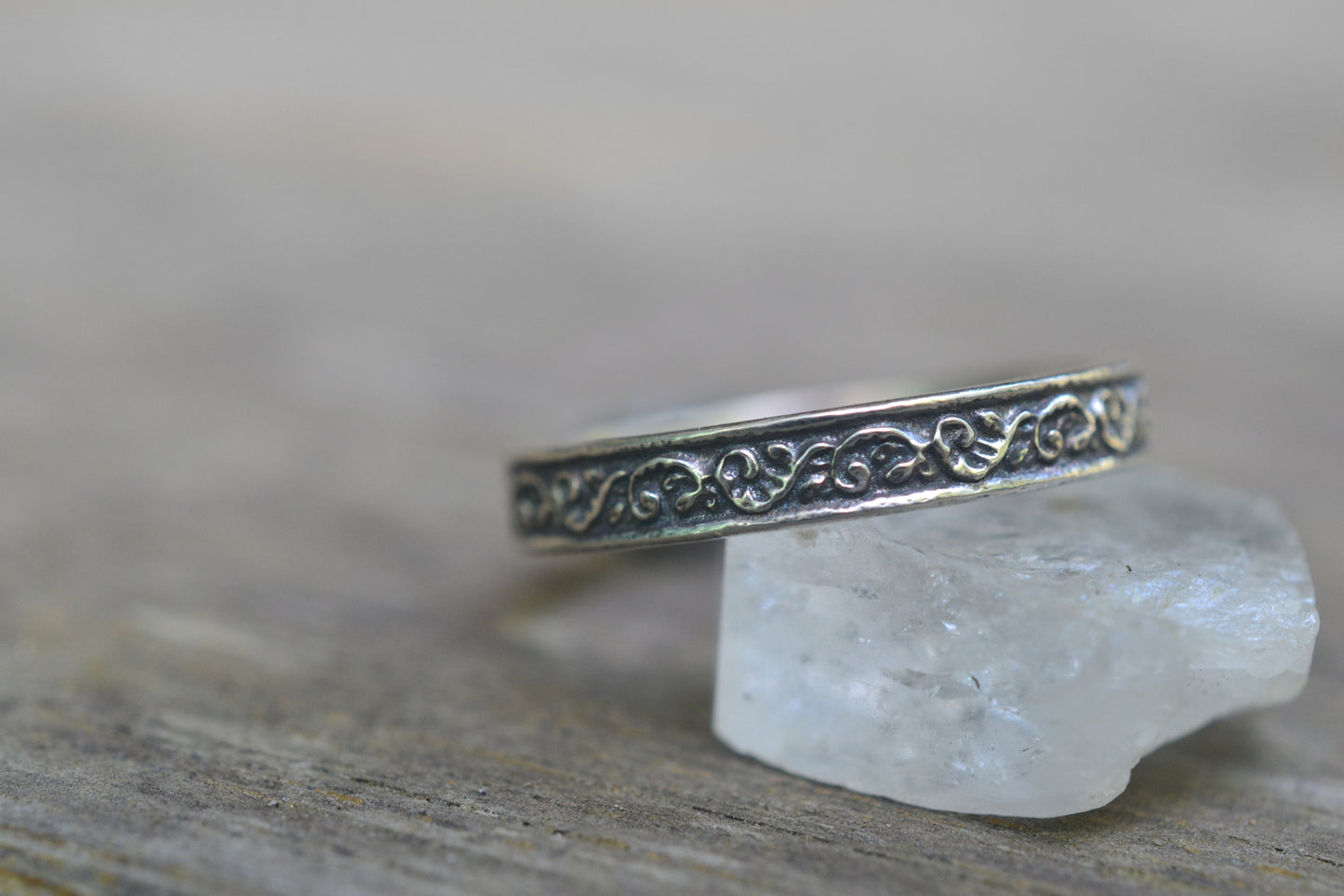 Dainty Narrow Silver Leaf Wedding Ring