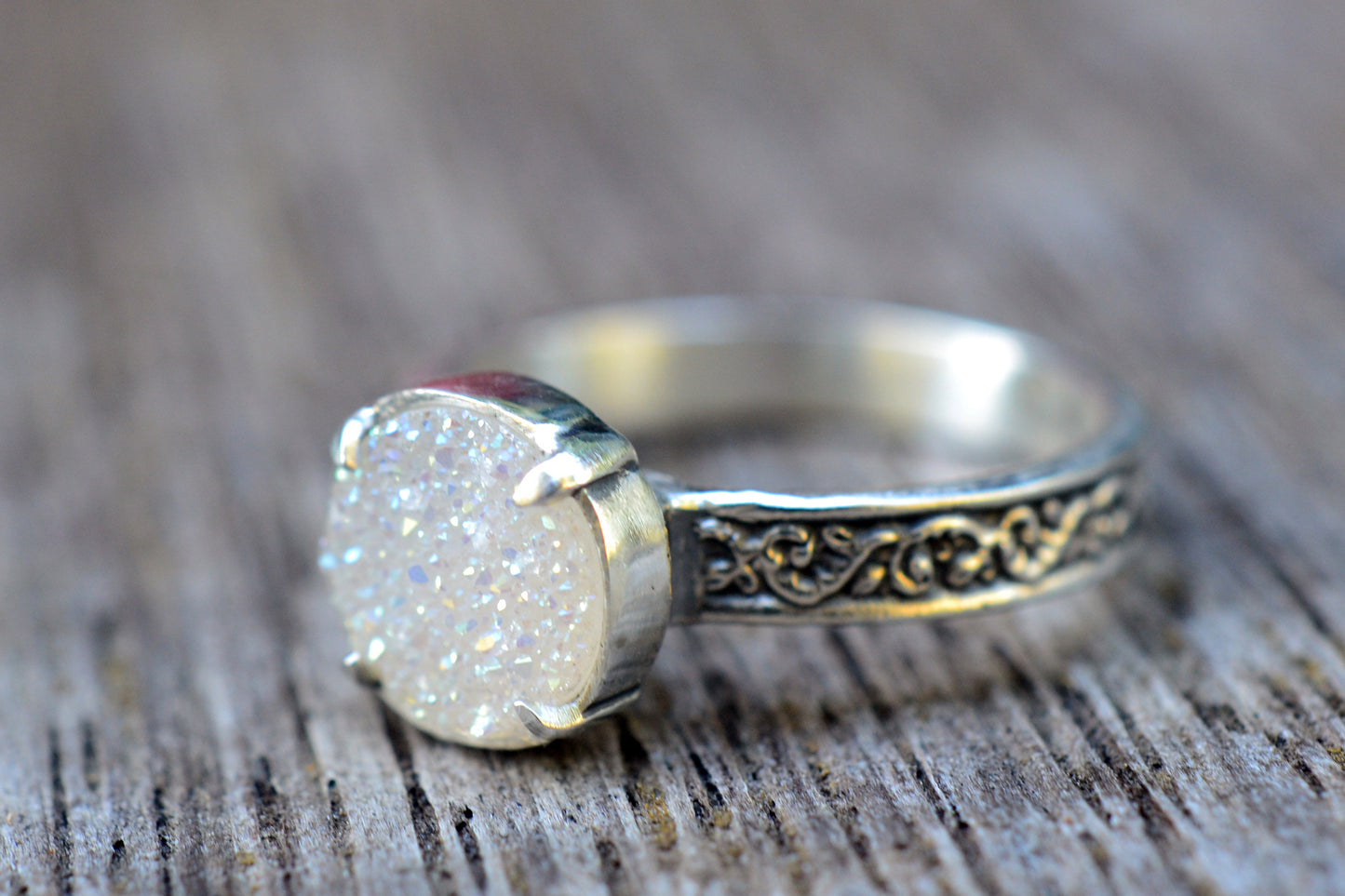 White Druzy Agate Ring in Oxidised Silver