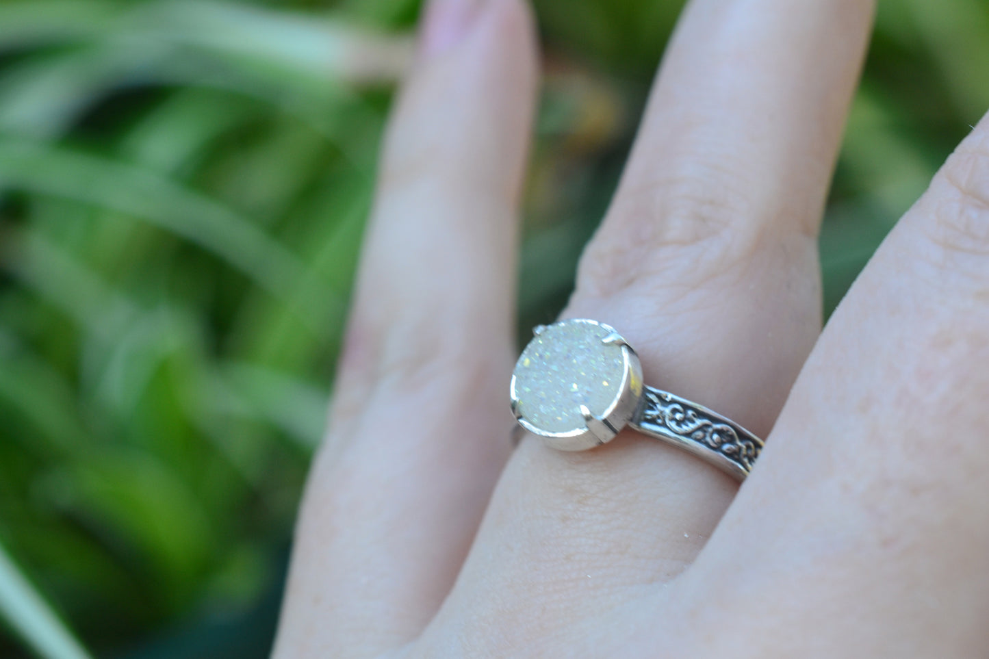 8mm White Druzy Agate Ring in Oxidised Sterling