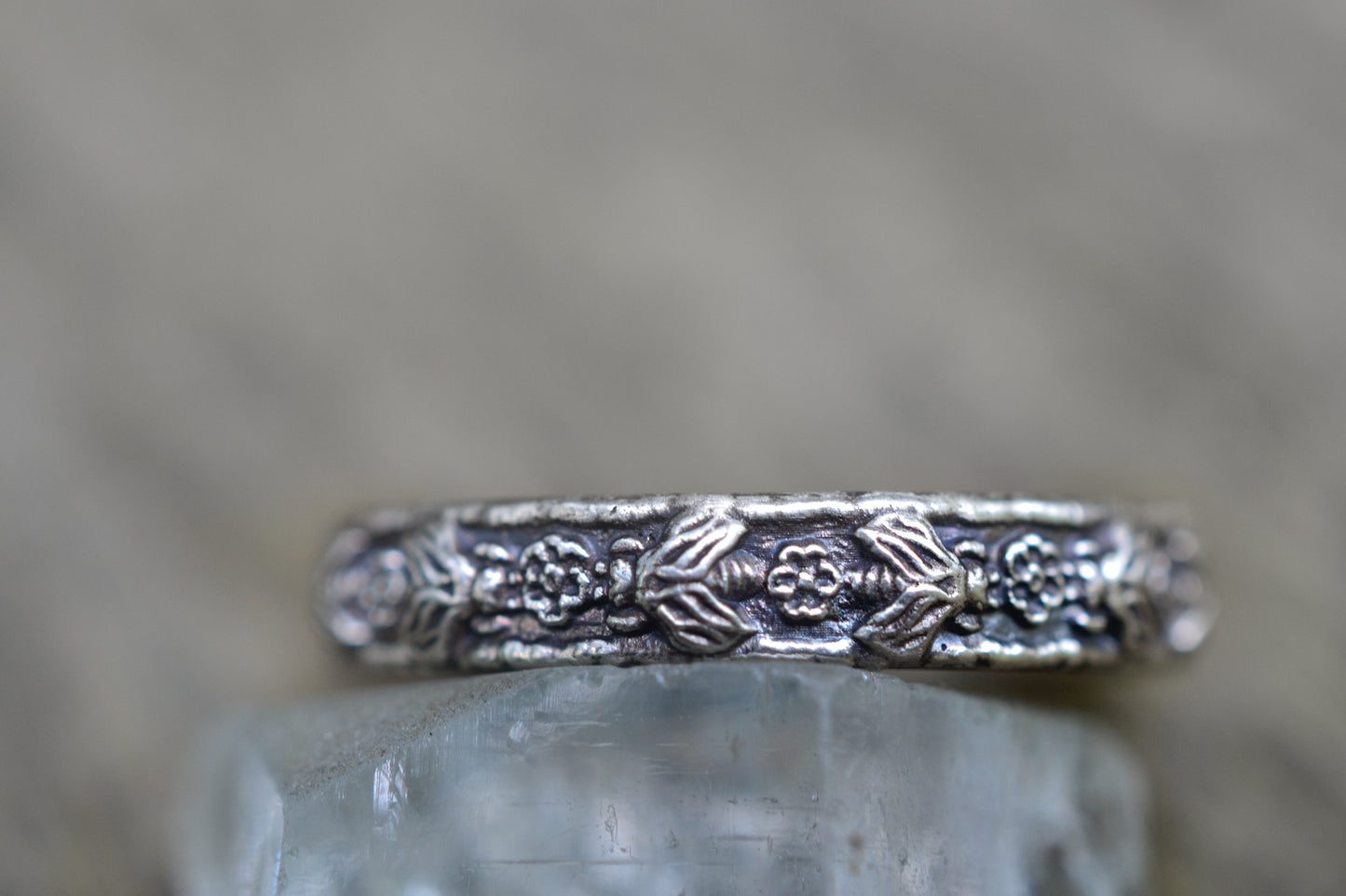 Oxidised Sterling Silver Rose and Bee Ring