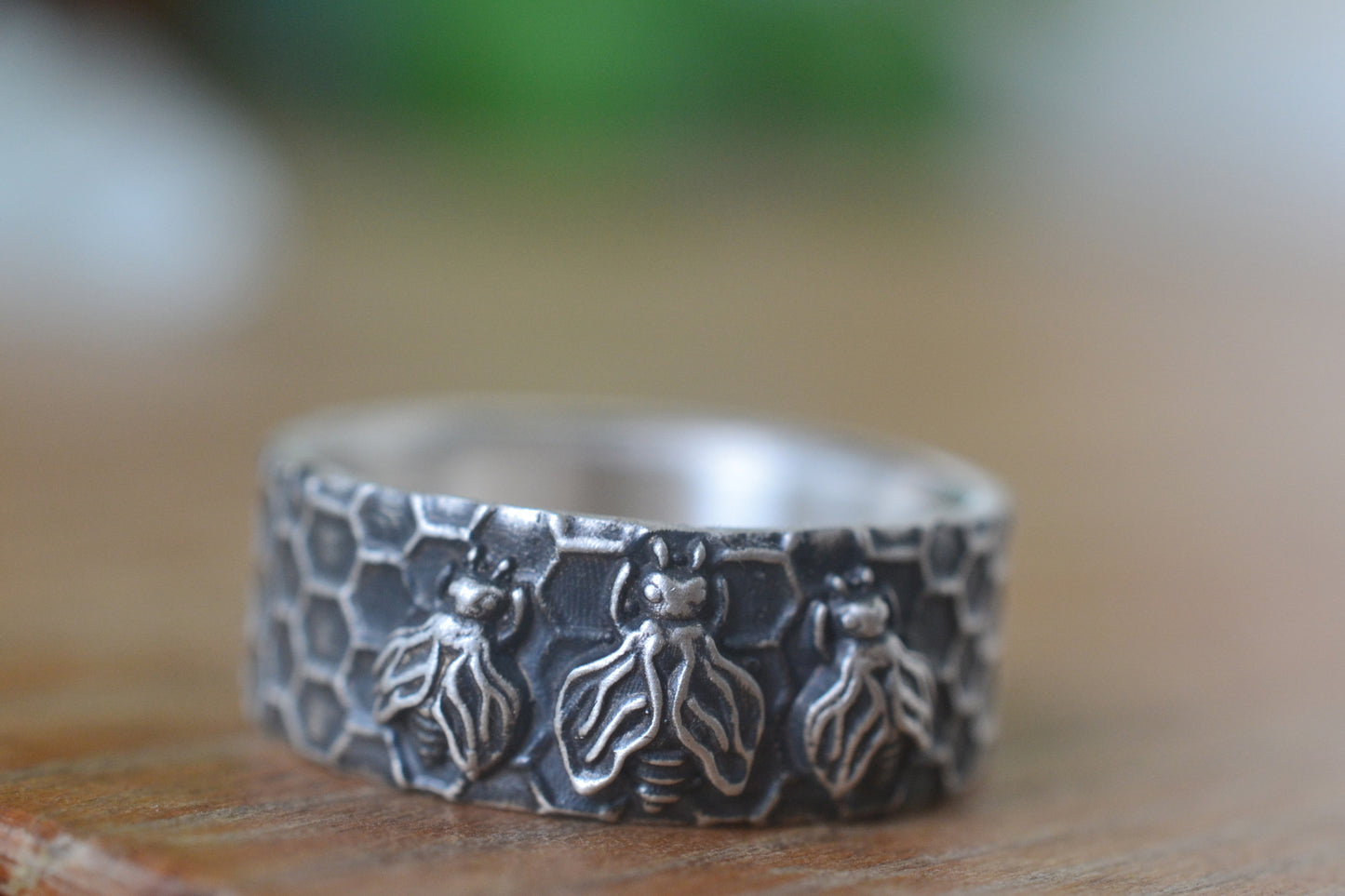 Oxidised Silver Honeycomb Bee Ring For Men