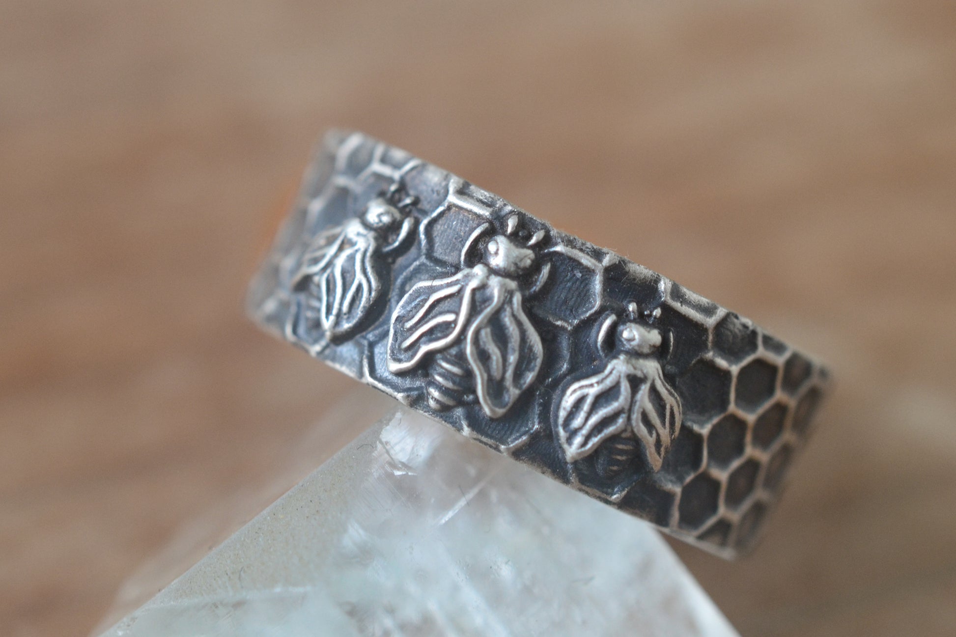 Oxidised SIlver Triple Honeybee Band