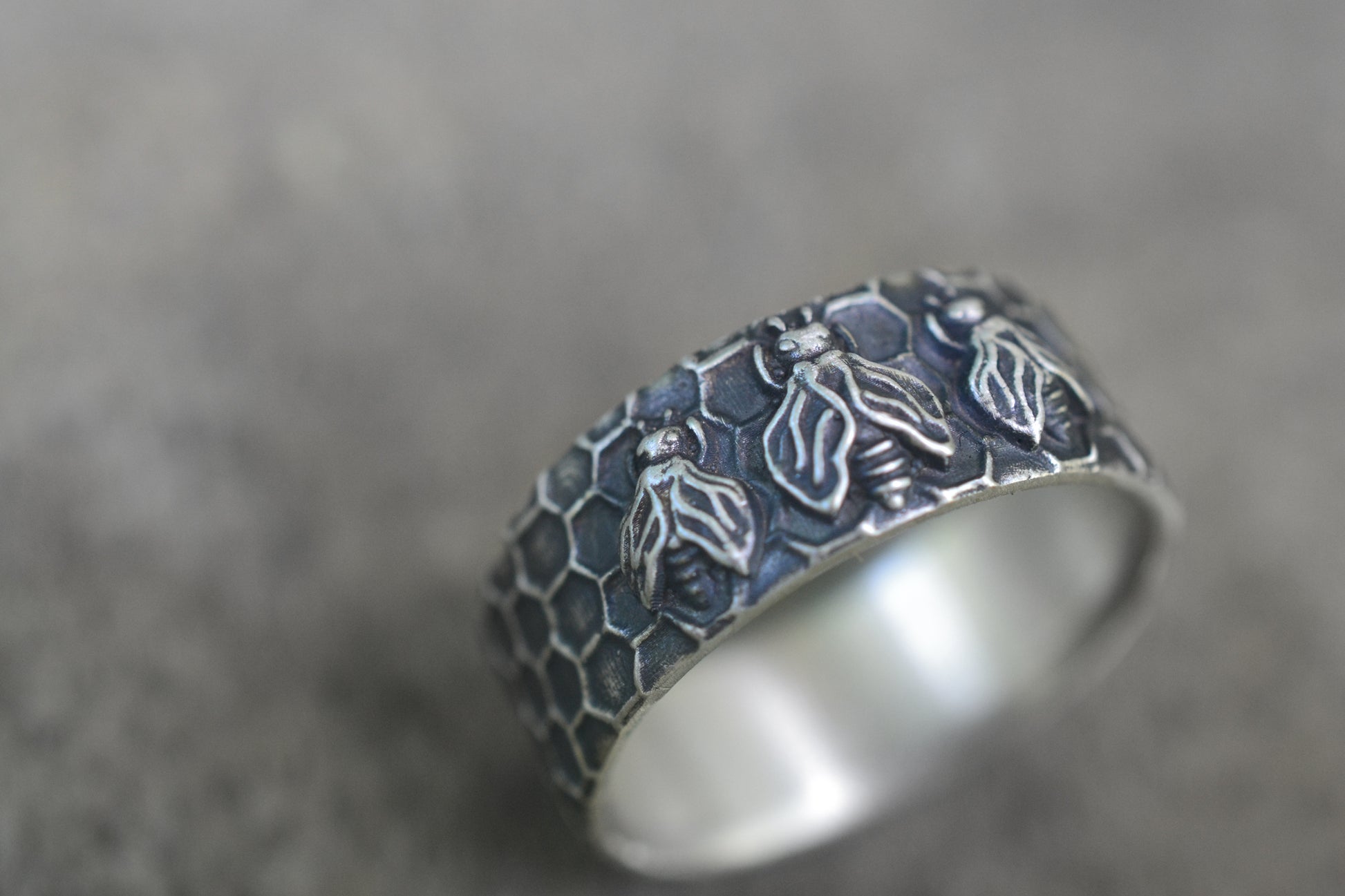 Oxidised Silver Honeybee Wedding Band
